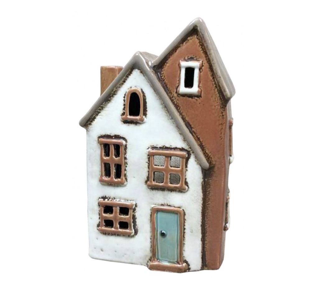 Ceramic Tealight House - Blue Door Brown