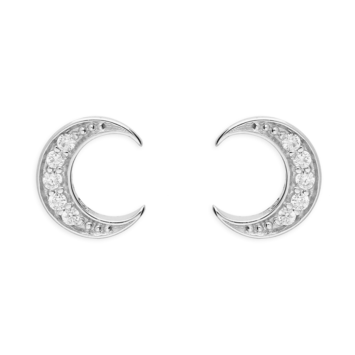 Solid Silver Cubic Zirconia Crescent Moon Stud Earrings