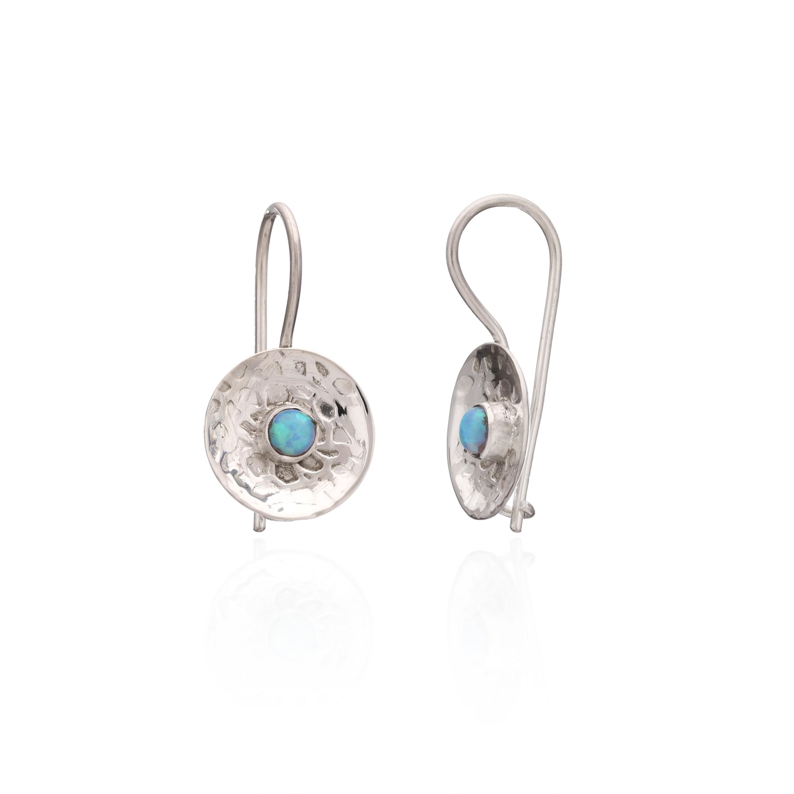 Hammered Solid Silver Opal Concave Drop Earrings