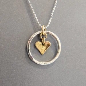 MH Sterling Silver Necklace - Circle with Gold Heart Pendant Close Up Reverse