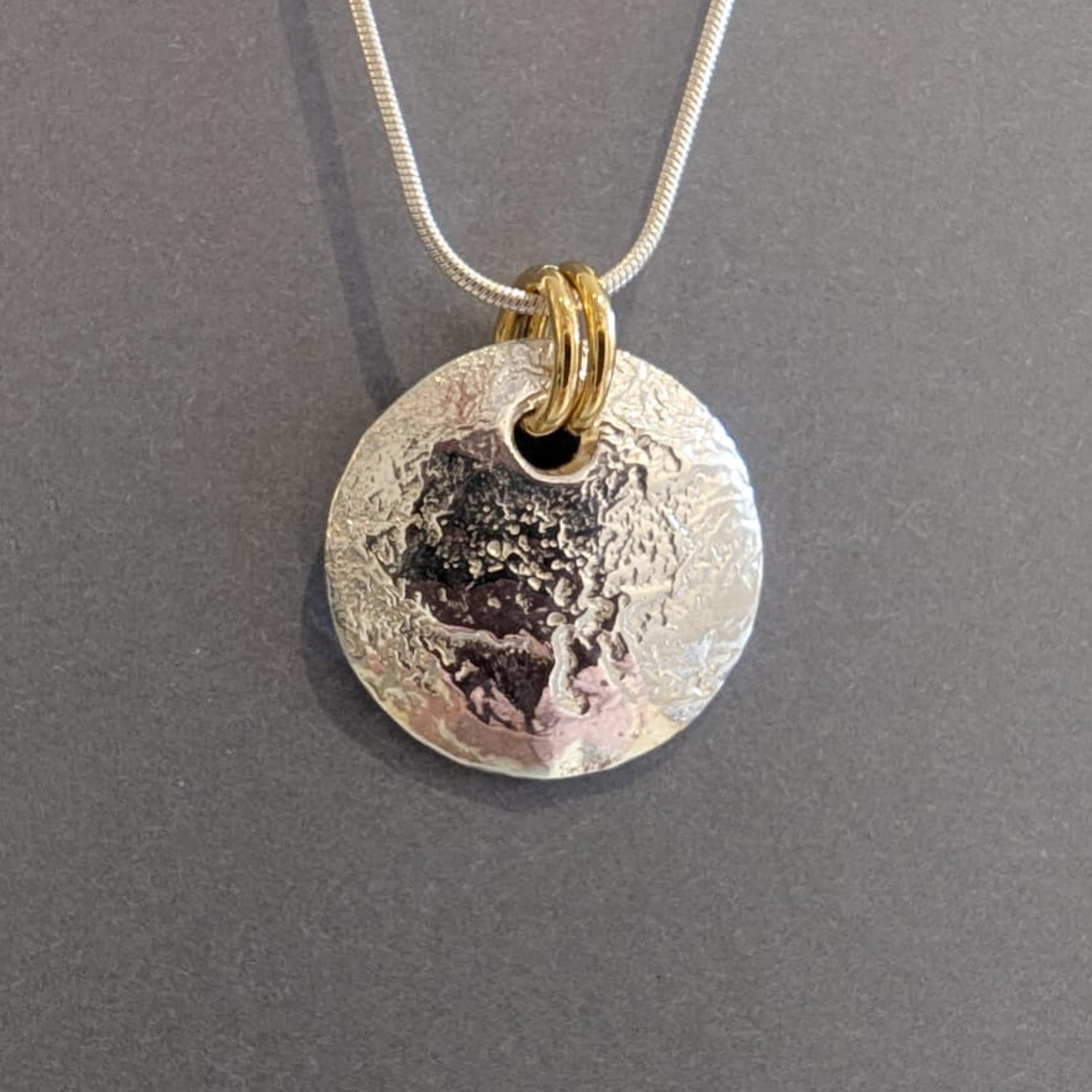 MH Sterling Silver Necklace - Disc with Gold Jump Rings Pendant Close Up