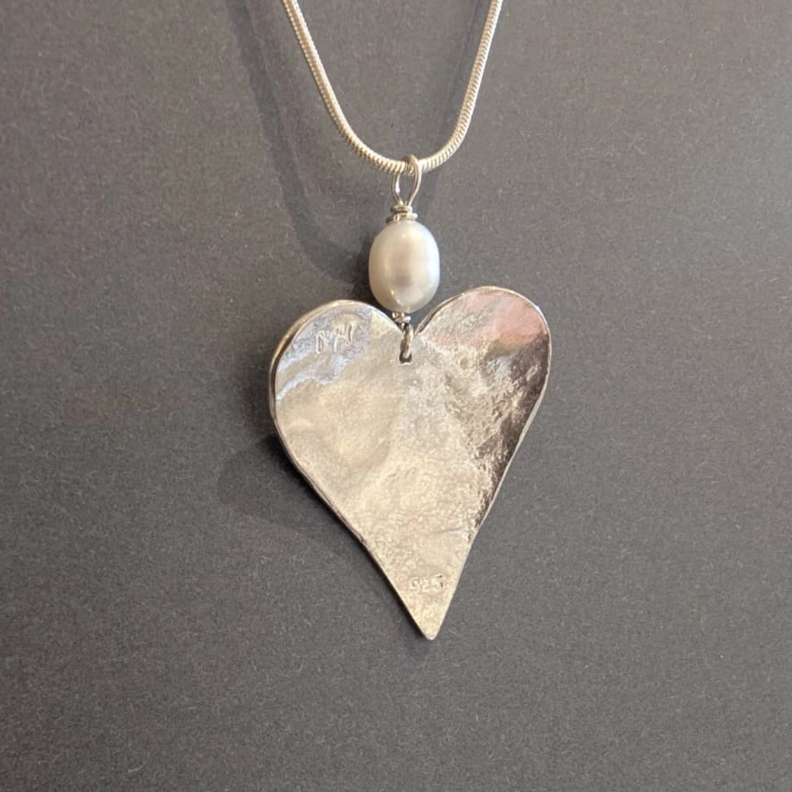 MH Sterling Silver Necklace - Medium Heart with Pearl Pendant Close Up Reverse