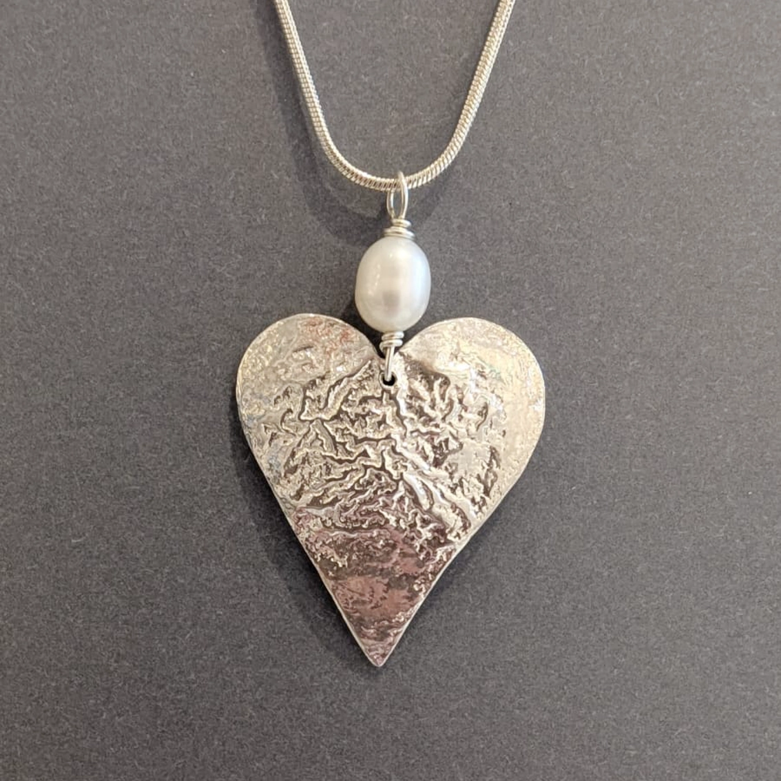 MH Sterling Silver Necklace - Medium Heart with Pearl Pendant Close Up