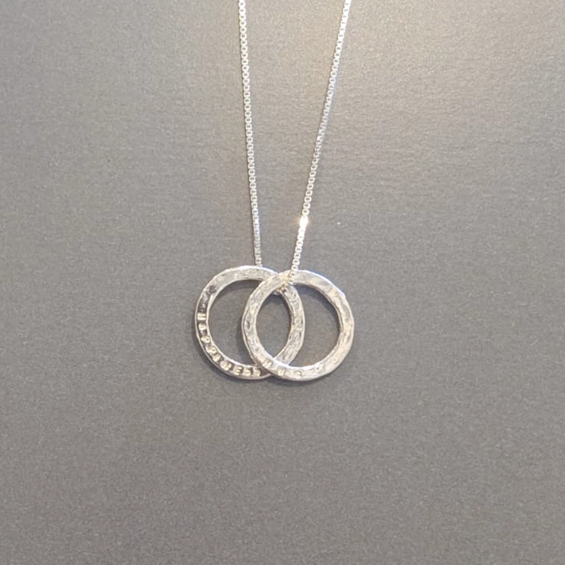 MH Sterling Silver Necklace - Sentiment Discs - Happiness & Hug - Pendant Close