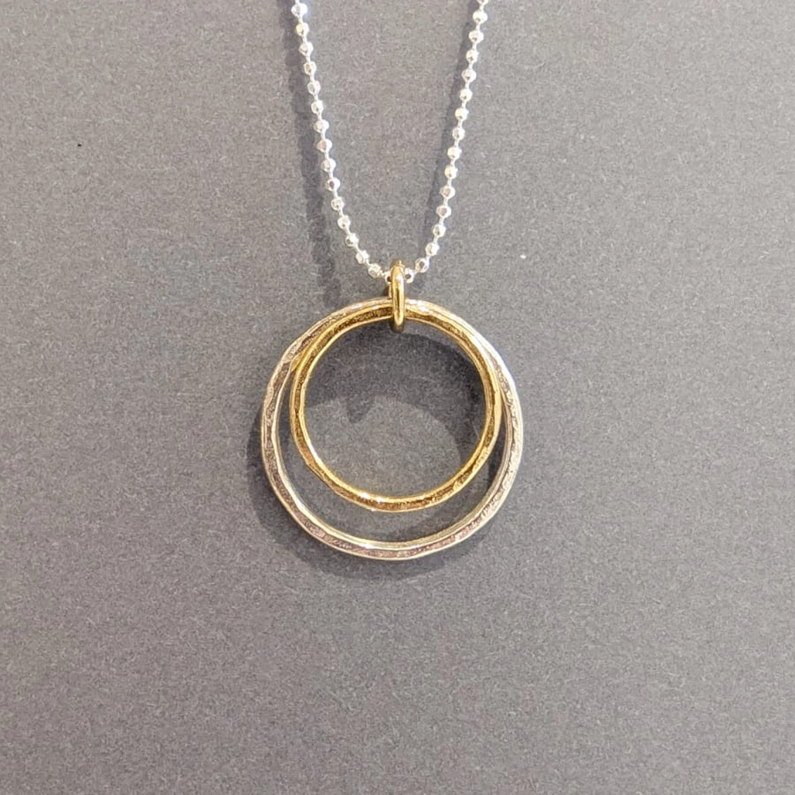 MH Sterling Silver Necklace - Silver & Gold Double Circle Pendant Close Up