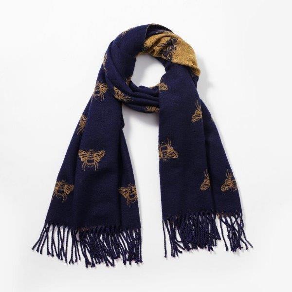 Sandy Toes Gifts - Reversible Bees Scarf - Navy/Mustard 2-1