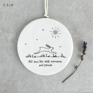 East of India Hanging Porcelain Circle Bunny - Fill Your Life With Adventure
