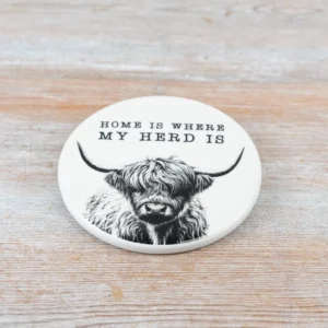 Glazed Ceramic Highland Cow Sentiment Coaster - Home Is Where My Herd Is