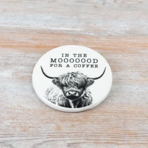 Glazed Ceramic Highland Cow Sentiment Coaster - In The Mooooood For Coffee
