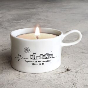 Handled Mug Candle Holder - Tin Candle Set - Together is the Merriest - Lit