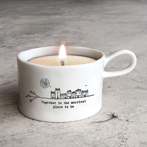 Handled Mug Candle Holder - Tin Candle Set - Together is the Merriest - Lit