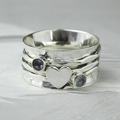 Solid Sterling Silver Lolite Moonstone & Heart Spinning Ring