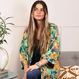 POM - Kimonos - Ochre Blue & Green Mix Floral Print - !0079 Model