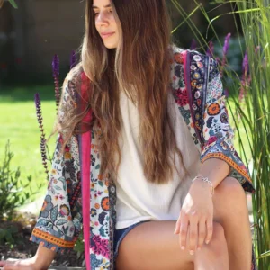 POM - Kimonos - Pink/Blue Mix Wildflower Print - Long Length - 10078 Model