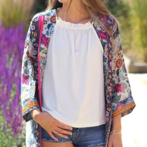 POM - Kimonos - Pink/Blue Mix Wildflower Print - Long Length - 10078 Model