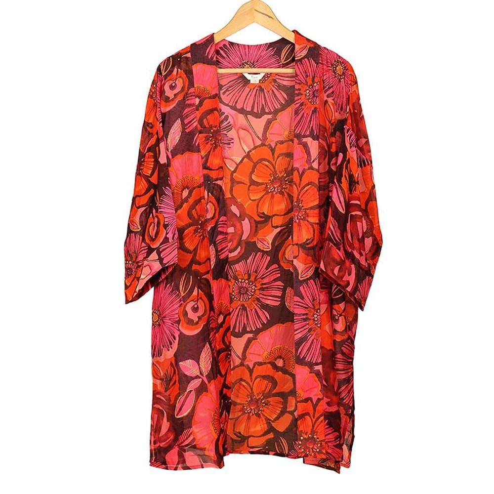 POM - Kimonos - Pink and Red Floral Print - Long Length - 10050