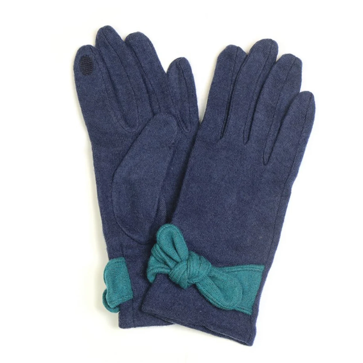 Pom - Knitted Knot Bow-Gloves - Navy and Teal