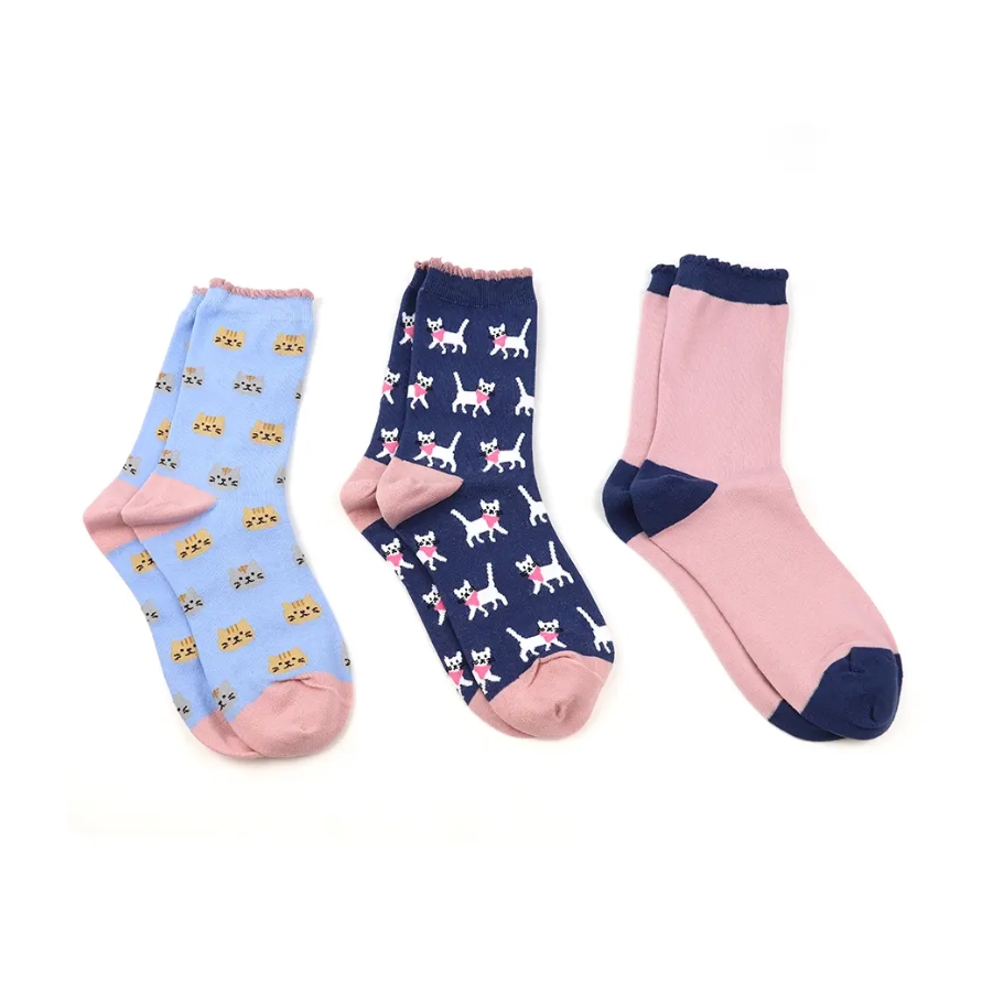 Peace Of Mind - Cat Socks 3 Pairs Boxed - Pink & Blue 20238 - Pairs