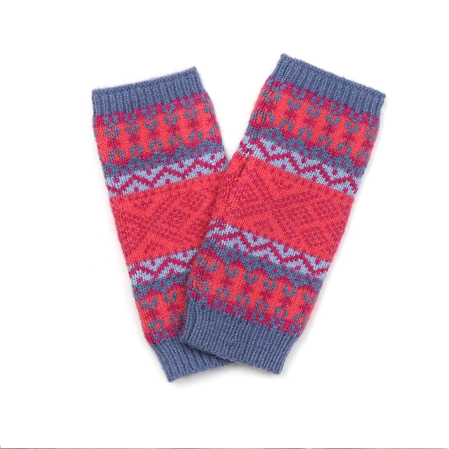 POM Fair Isle Knitted Fingerless Gloves - Pink & Blue - 90266