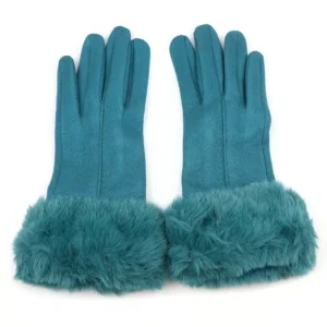 POM - Faux Suede and Fur Cuff Gloves - Teal - 90317 Model