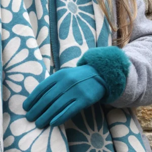 POM - Faux Suede and Fur Cuff Gloves - Teal - 90317 Model