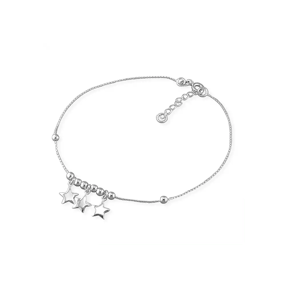 Silver Anklets - Three Star Charms and Beads - R7178