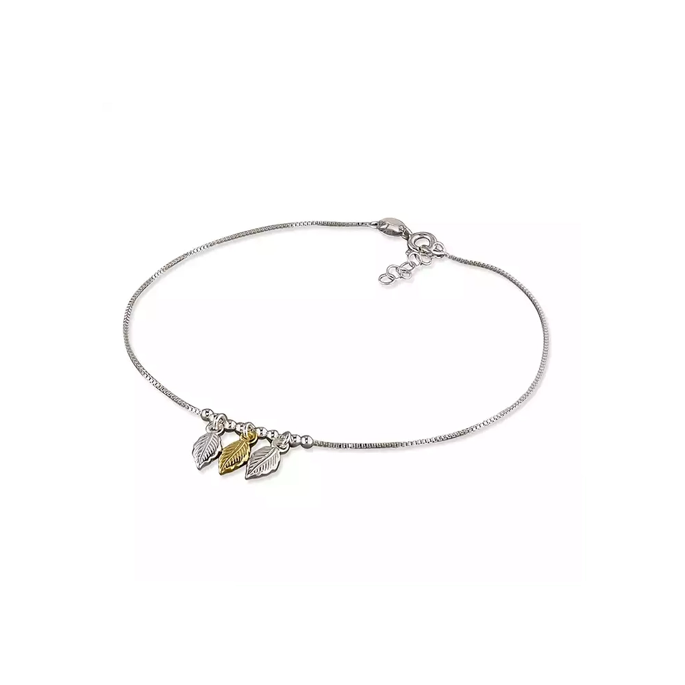 Silver Anklets - Two-Toned Triple Leaves and Beads