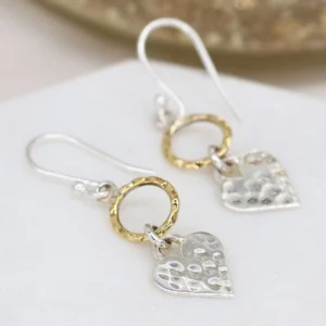 Silver Earrings Drop - Hammered Brass and Silver Heart SB1178