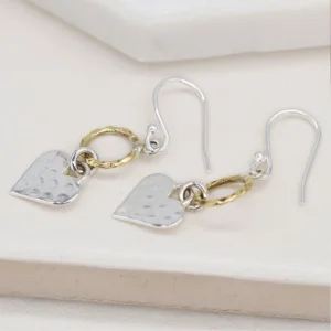 Silver Earrings Drop - Hammered Brass and Silver Heart SB1178 Lifestyle