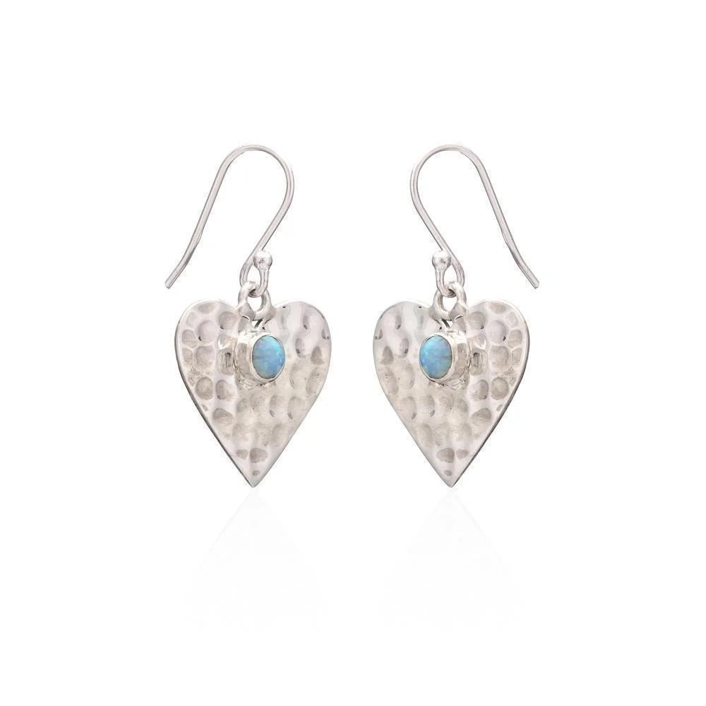Silver Earrings - Drop - Hammered Heart and Opal