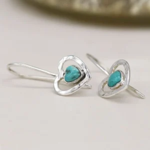 Silver Earrings Drop - Hammered Silver Heart and Turquoise SB1176