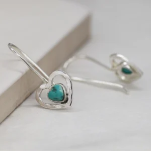 Silver Earrings Drop - Hammered Silver Heart and Turquoise SB1176 Close Up