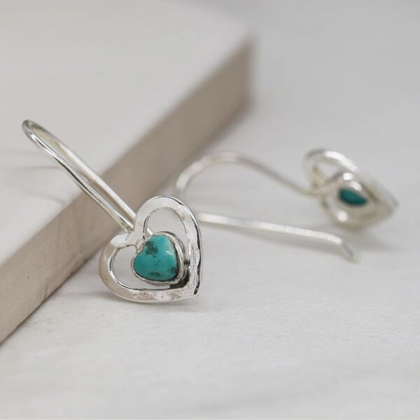 Silver Earrings Drop - Hammered Silver Heart and Turquoise SB1176 Close Up