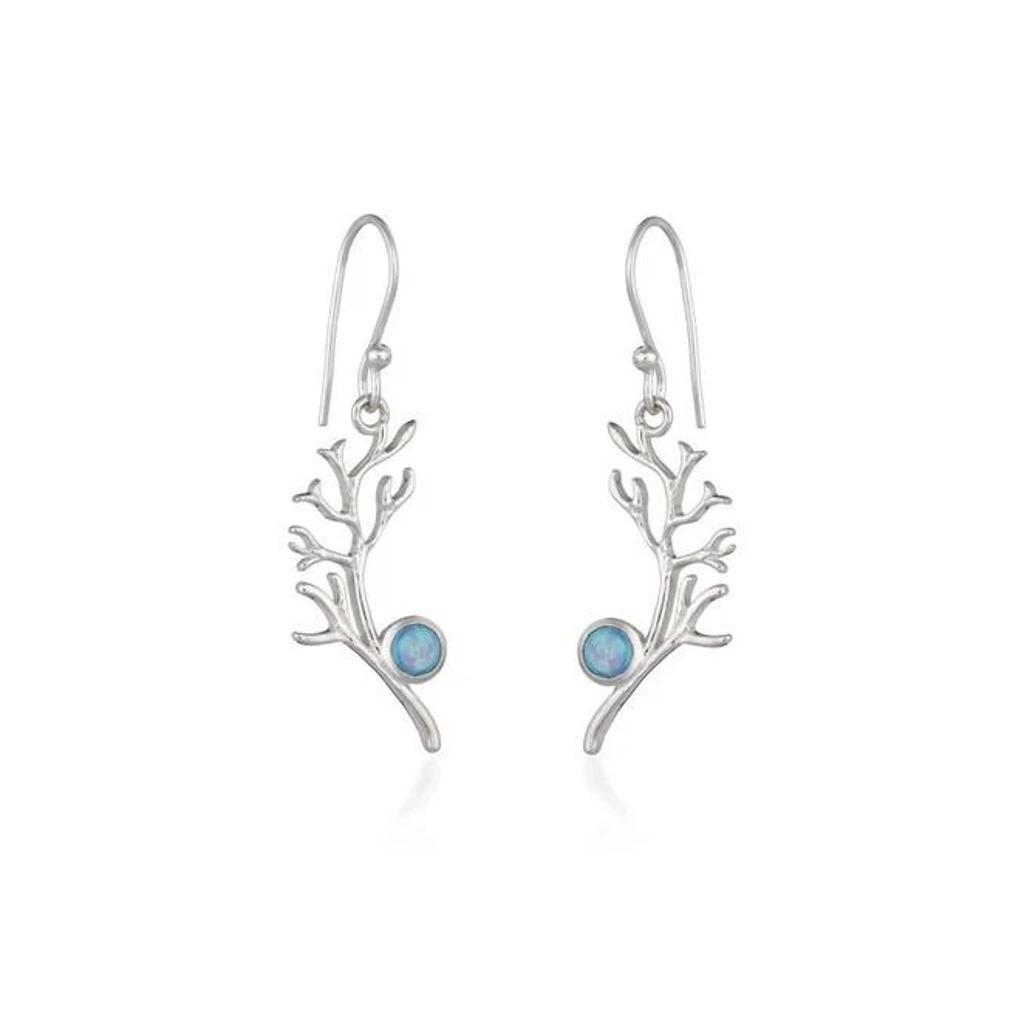 Sterling Silver Earrings - Drops - Seaweed and Blue Ocean Opal