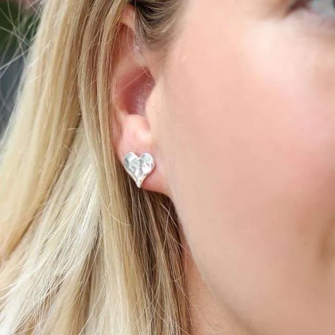 Silver Earrings Stud - Hammered Silver Plated Heart SE01416 Model