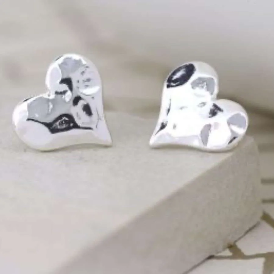 Silver Earrings Stud - Hammered Silver Plated Heart SE01416