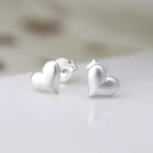 Silver Earrings - Studs - Brushed Puff Heart