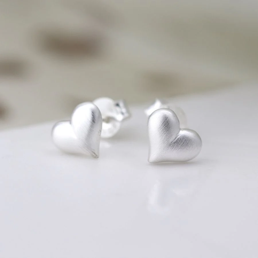 Silver Earrings - Studs - Brushed Puff Heart