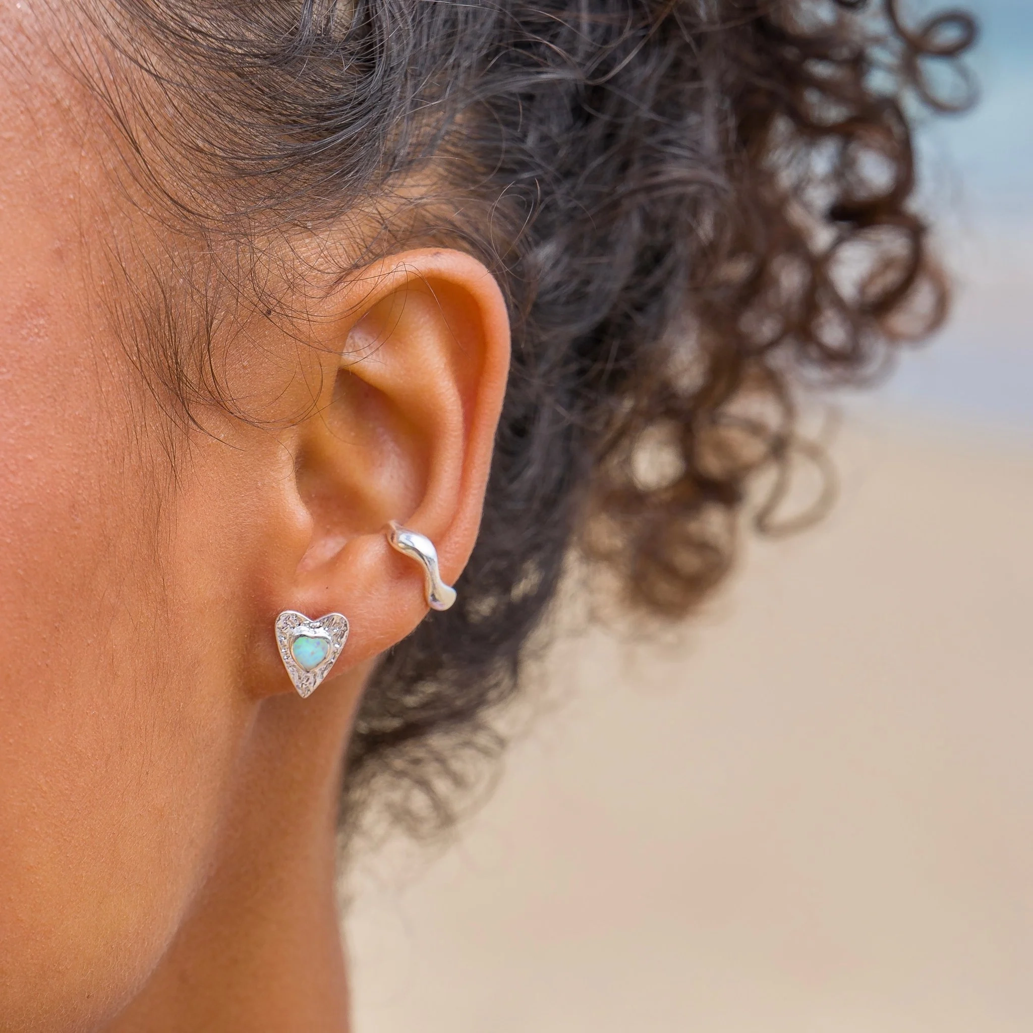 Silver Earrings - Studs - Forever Opalite Heart Model