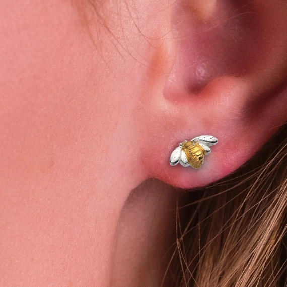 Silver Earrings - Studs - Golden Bumble Bee Model