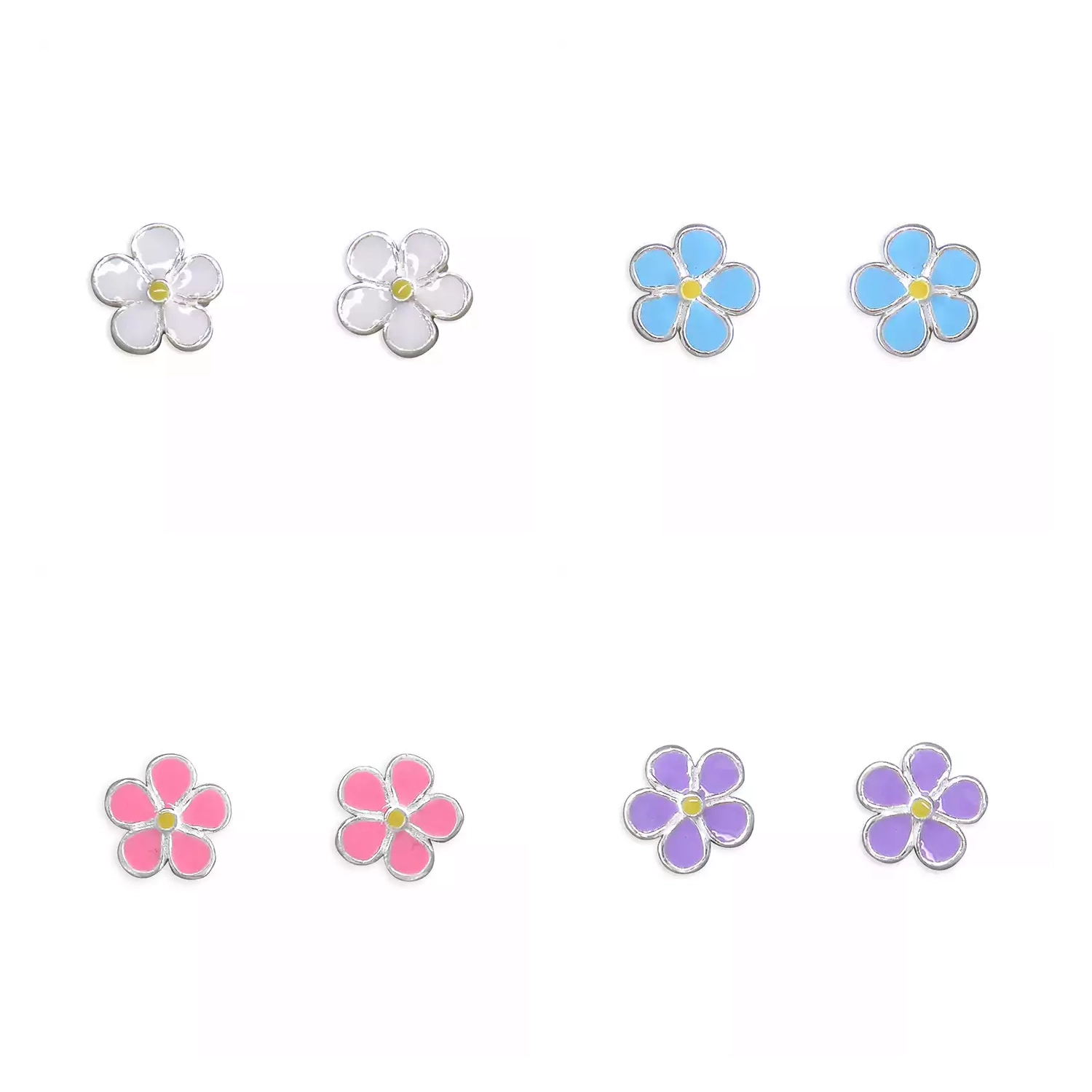 Silver Earrings - Studs - Mixed Enamel Flowers