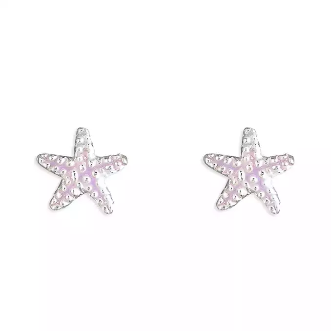 Silver Earrings - Studs - Purple Enamel Starfish