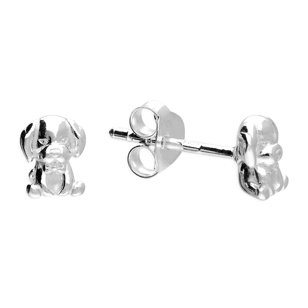 Silver Earrings - Studs - Small Dog Puppy Close up