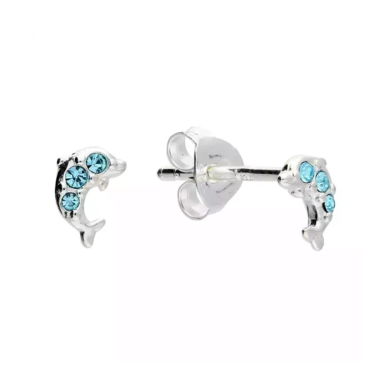 Silver Earrings - Studs - Tiny Dolphin with Blue Crystals