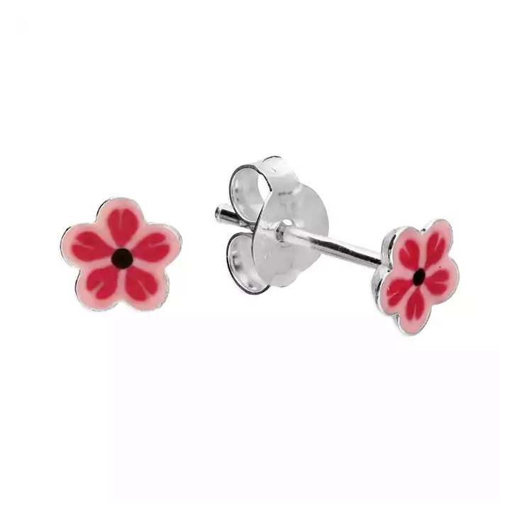 Silver Earrings - Studs - Tiny Pink Enamel Flowers