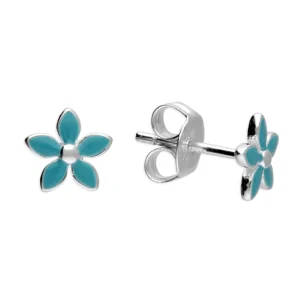 Sterling Silver Earrings - Studs - Enamelled Flowers - Turquoise