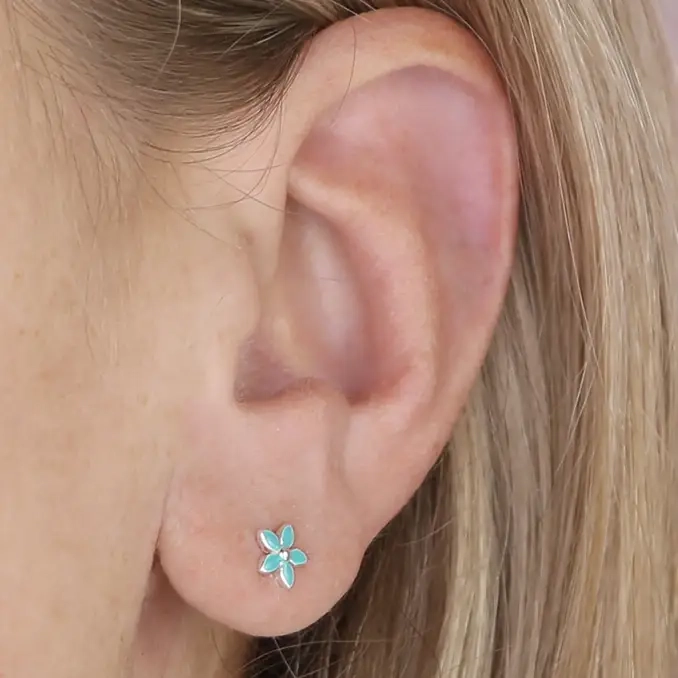 Sterling Silver Earrings - Studs - Enamelled Flowers - Turquoise Model
