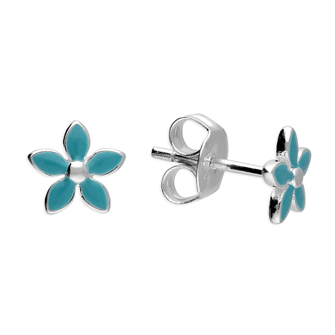 Sterling Silver Earrings - Studs - Enamelled Flowers - Turquoise