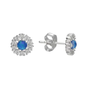 Sterling Silver Earrings - Studs_- Halo Flowers - Opal& Cubic Zirconia