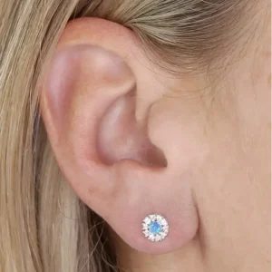 Sterling Silver Earrings - Studs_- Halo Flowers - Opal& Cubic Zirconia Model